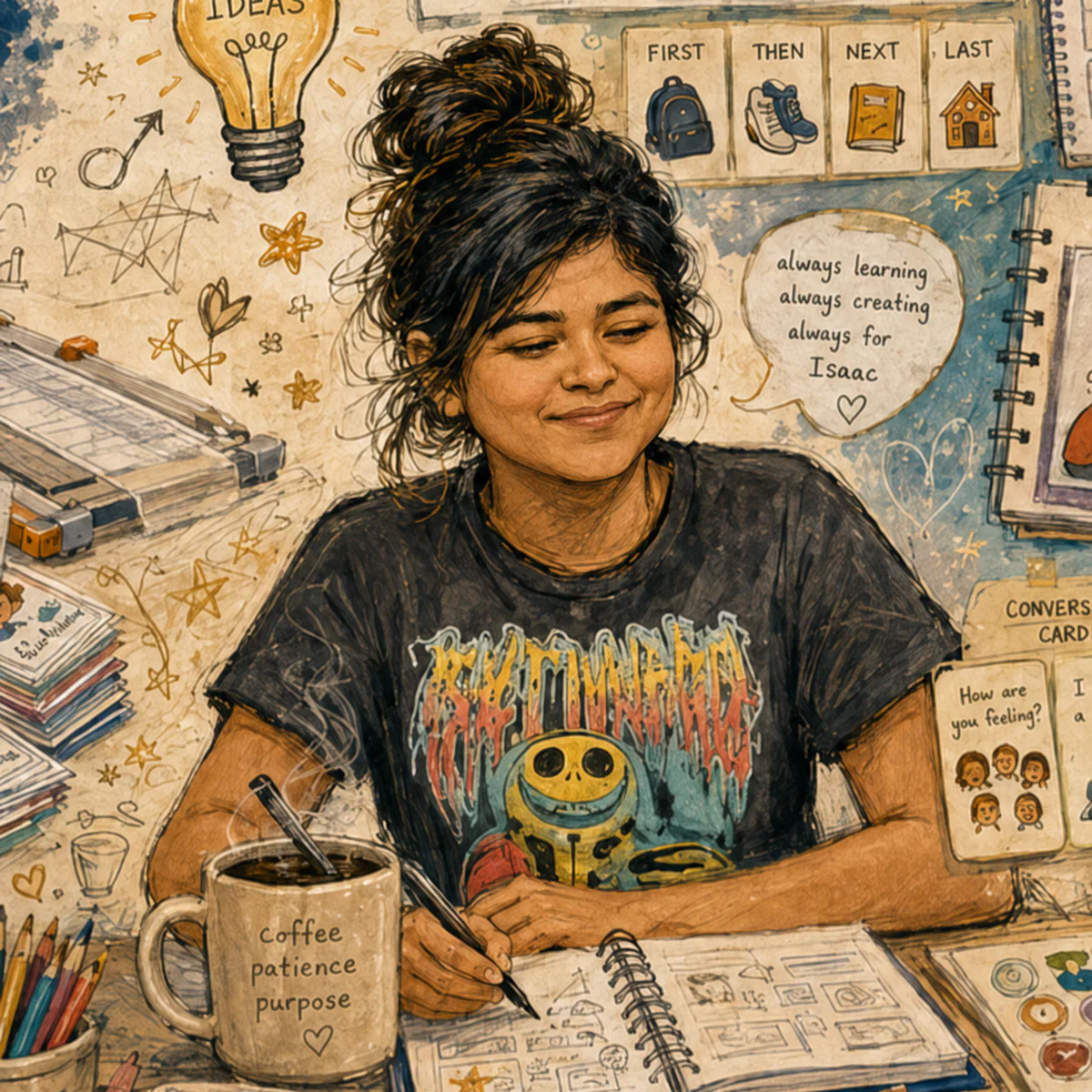 An illustrated portrait of Tonima writing in a sketchbook at a creative desk.